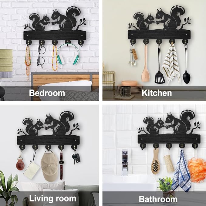 MAYJOYDIY Squirrel Coat Rack Wall Mount 11.8×7.4inch Wood Animal Key Holder for Wall Forest Animal Tree Branch Key Hanger 5 Alloy Hooks Key Hooks Rack Art Decor Gift for Farmhouse Entryway Hallway