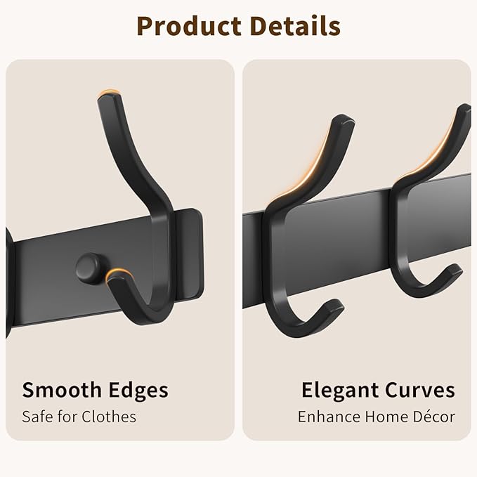 Black Coat Rack Wall Mount - 15 Inch Arc Shaped Design with 6 Hooks for Hanging Coats, Bags, and Towels in Entryway, Livingroom, Bedroom, Bathroom, and Kitchen, 2 Pack
