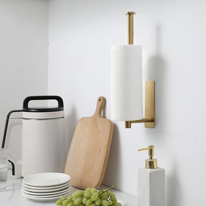 theaoo Paper Towel Holder for Kitchen, Adhesive Under Cabinet Paper Towel Roll Rack for Bathroom Towel, Wall Mounted Matte Black, SUS304 Stainless Steel(1, Gold)