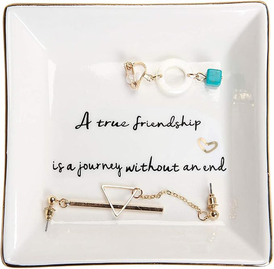 HOME SMILE Friends Gifts for Women Her Ring Trinket Dish Jewerly Tray-A True Friendship is a Journey Without an end-Birthday Gifts for Friends Female
