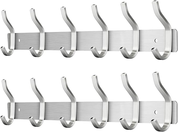 304 Stainless Steel Wall Hooks, 17 Inch Coat Rack Wall Mount with 6 Hooks,Silver Wall Hooks Hangers for Entryway, Bathroom - for Hanging Backpack, Bag, Coat, Purse, Hat, Towel, Clothes,2 Packs