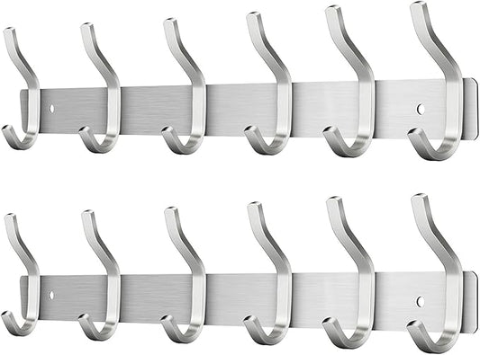 304 Stainless Steel Wall Hooks, 17 Inch Coat Rack Wall Mount with 6 Hooks,Silver Wall Hooks Hangers for Entryway, Bathroom - for Hanging Backpack, Bag, Coat, Purse, Hat, Towel, Clothes,2 Packs