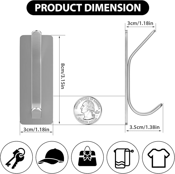 Adhesive Wall Hook for Towel, Coat, Extra Sticky 8LB Stainless Hook, Stick on Hanger for Bath or Shower, Silver 6-Pack