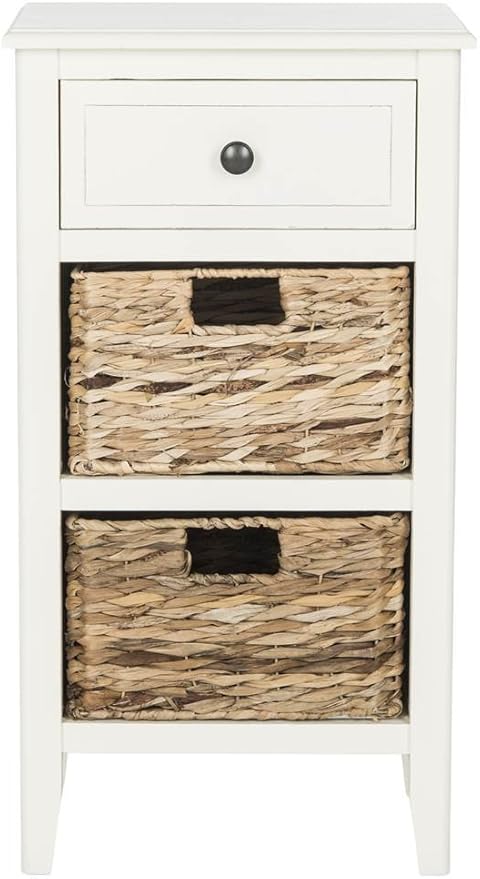 SAFAVIEH Home Collection â Everly Vintage White 3-Drawer Side Table with Woven Basket Storage, Fully Assembled Coastal Cottage Accent Table (AMH5743B)