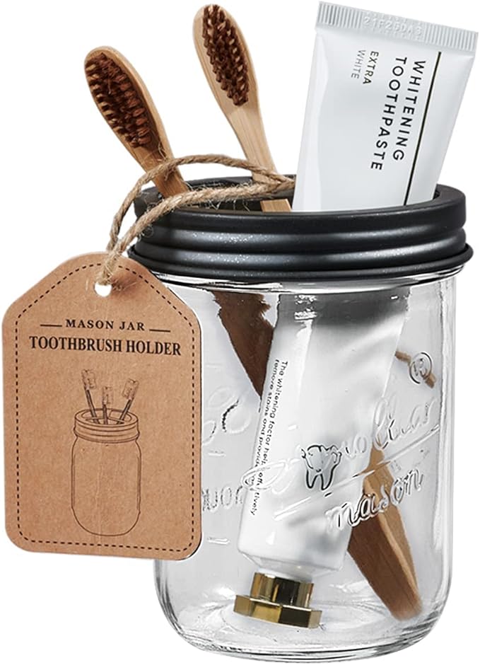 Amolliar Mason Jar Bathroom Accessories Set 4 Pack - Foaming Soap Dispenser&2 Qtip Holders&Toothbrush Holder-Rustic Farmhouse Decor Bathroom Organizer Apothecary Jar Country Countertop (Black)
