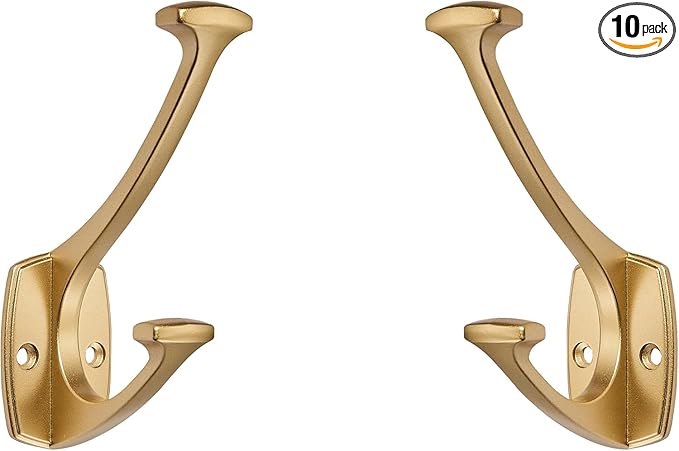 10 Pack Brushed Gold Hooks Decorative Heavy Duty Solid Large Coat Hooks for Towel Hanging Coats Robe Wall Mounted Towel Bags Door Back Bathroom Wall Hook.