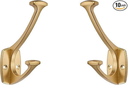 10 Pack Brushed Gold Hooks Decorative Heavy Duty Solid Large Coat Hooks for Towel Hanging Coats Robe Wall Mounted Towel Bags Door Back Bathroom Wall Hook.