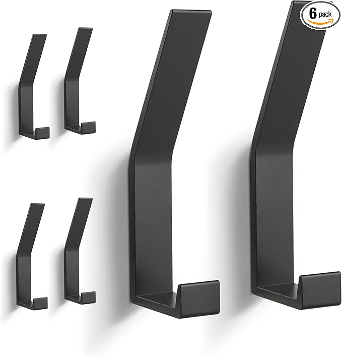 Coat Hooks Wall Mounted, 6 Packs Wall Hooks for Hanging Clothes, Coat, Towel, Rope, Keys, Hats, Purse, Screws Invisible Hooks for Kitchen, Bathroom, Cabinet, Hallways, Bedrooms (Black, 6Packs)