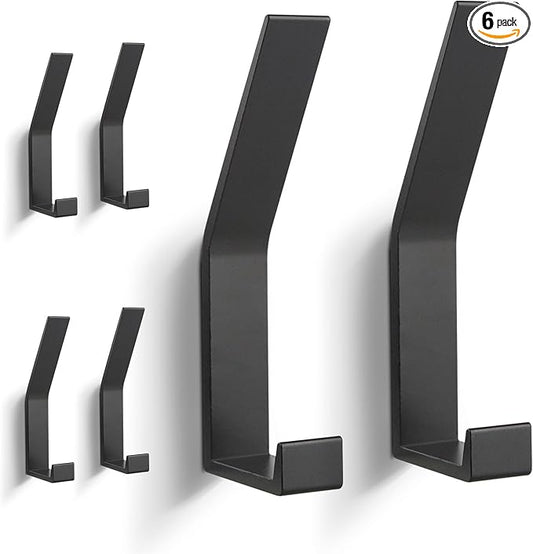 Coat Hooks Wall Mounted, 6 Packs Wall Hooks for Hanging Clothes, Coat, Towel, Rope, Keys, Hats, Purse, Screws Invisible Hooks for Kitchen, Bathroom, Cabinet, Hallways, Bedrooms (Black, 6Packs)