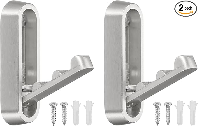 uxcell 2Pcs Foldable Wall Hooks, Aluminum Alloy Heavy Duty Wall Mounted Folding Coat Hooks with Mounting Accessories Space-Saving for Hanging Coat Towels Hat Bags, Oval, Brushed Nickel
