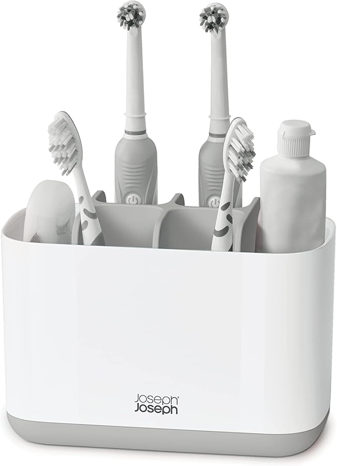 Joseph Joseph Easy-Store - Toothbrush and Toothpaste Holder Caddy, Bathroom Storage Countertop Organizer, Large, Grey/White