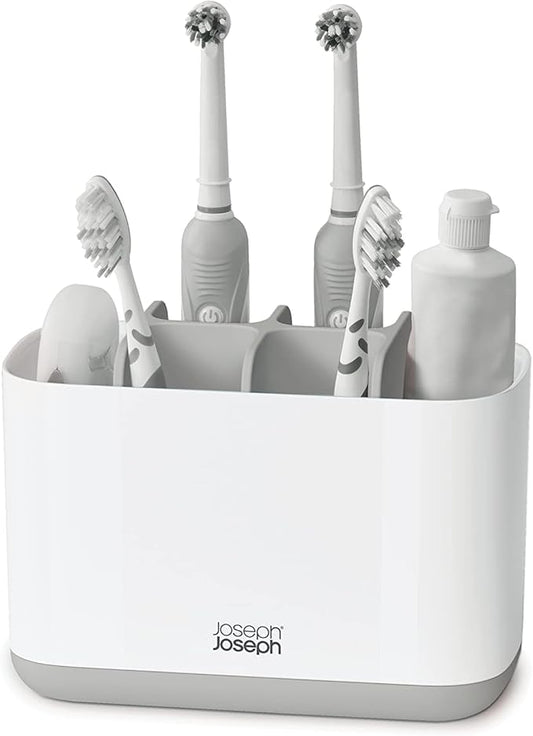 Joseph Joseph Easy-Store - Toothbrush and Toothpaste Holder Caddy, Bathroom Storage Countertop Organizer, Large, Grey/White
