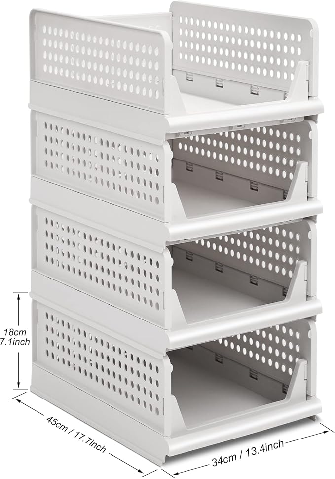Phyllia 4 Pack Closet Organizers Stackable Storage Bins, Plastic Collapsible Drawer Basket for Kitchen Cabinets, Pantry, Offices, Bedrooms, Bathrooms,White