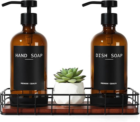 Kitchen Soap Dispenser Set with Tray, Amber Glass Soap Dispensers with Iron Basket, Decorative Hand and Dish Soap Dispenser Set, Soap and Lotion Dispensers for Kitchen and Bathroom Storage Organizer