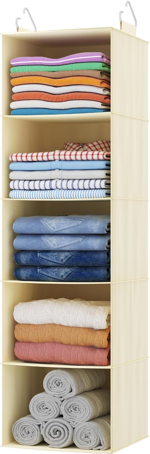 Lifewit 5 Tier Hanging Closet Organizer and Storage for Shelves, Foldable Clothes Shelf with 2 Sturdy Hooks, Sweater/Coat/Shoes Clothing Organization for Wardrobe, Dorm, Bedroom, Beige