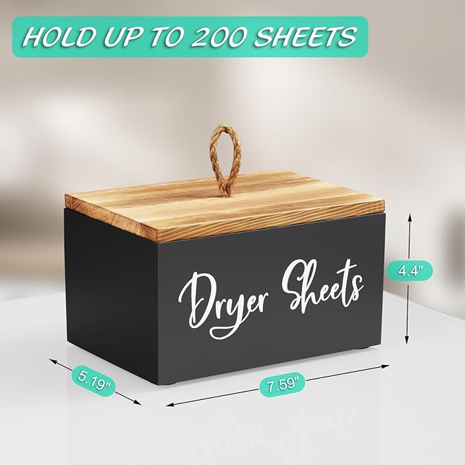 Dryer Sheet Holder, Wooden Laundry Sheets Container, Laundry Room Organization and Storage for Farmhouse Laundry Room Decor and Accessories, Fabric Sheet Holder, Black