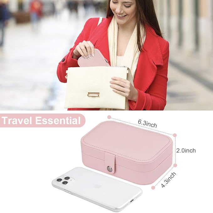 jiemei Jewelry Box, Travel Jewelry Organizer Cases with Doubel Layer for Women’s Necklace Earrings Rings and Travel Accessories(Pink)