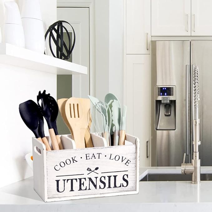 Farmhouse Cooking Utensils Organizer - Solid Wood Countertop Utensil Holder, 3 Compartment Spoon Holder for Kitchen Decor (White)