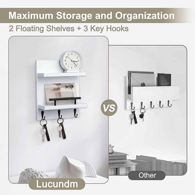 Key Holder Wall Mount, Mail Shelf Decor with 3 Key Hooks, Versatile Wood Wall Organizer for Entryway Hallway (8.2” x 10.6”x 3.6”) (White)