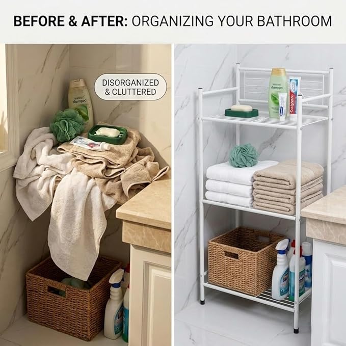 Bath Bliss 3 Tier Freestanding Bathroom Storage Shelf, White Metal Organizer Rack | Rust Resistant Space Saving Bathroom Stand | Toilet Paper Towel Holder | Bathroom Organizer for Small Spaces