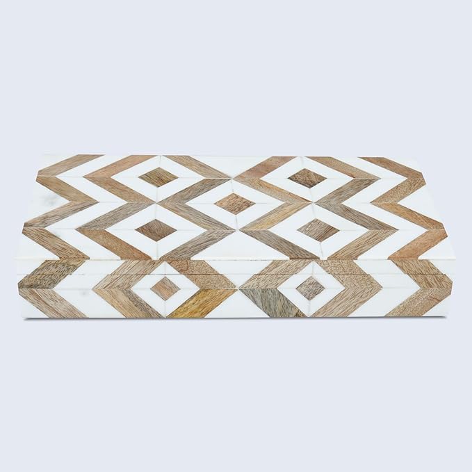Handicrafts Home White Decorative Box with Lid– Marquet Resin Inlay & Wood Decorative Boxes for Home Decor, Decor, Storage Box for Jewellery & Keys White Brown Neutral Decorative Storage Box- 12x6x2