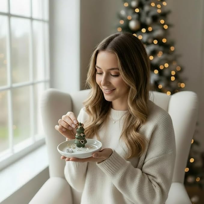 Moss Green Christmas Tree Ring Dish - Ceramic Jewelry Holder for Kitchen Sink or Vanity - Aesthetic Sage Green Room Decor, Holiday Xmas Tree Trinket Tray, Christmas Gifts for Women