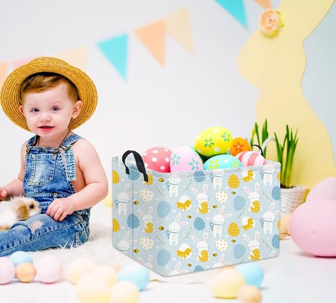 Rectangular Easter Basket Kids Storage Basket Gift Basket Baby Storage Basket Cute Kids Toy Storage Bin Organizer Shelf Book Basket Room Decor(Blue Easter Bunny)