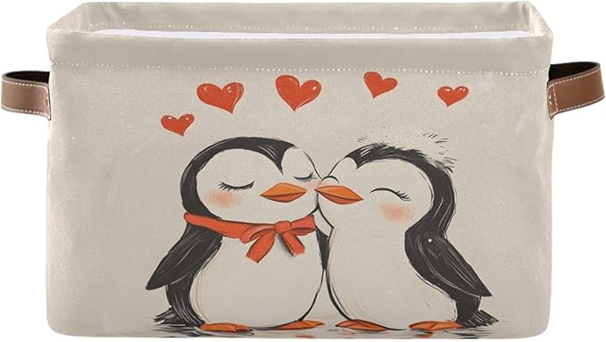 Penguin Heart Storage Basket,Large Storage Bin Fabric Collapsible Organizer Bag with Handles 15x11x9.5 inch