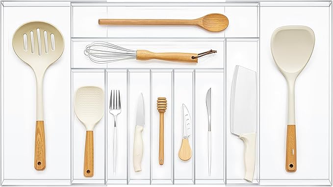 1 Pack Expandable Kitchen Drawer Organizer Clear Acrylic Utensil Organizer Adjustable Acrylic Silverware Storage for Drawers Silverware Flatware Knives (18.5 x 17.4 Inches,9-11 Compartments)