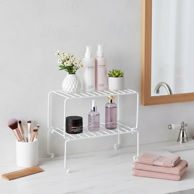 2-Pack Small (10.8x5.3inch) White Stackable Shelf Organizer Rack, Kitchen Shelves Organization for Cabinet, Pantry Organizers and Storage, Wire Shelf Rack, Desk Organizer, Rustproof