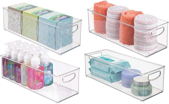 mDesign Plastic Bathroom Storage Container Bins w/ Handles - Closet, Cabinet, Vanity, Cupboard Shelf Organization, Hair Tools Accessory Organizer - Ligne Collection; Clear, 16x6x5 (Pack of 4)