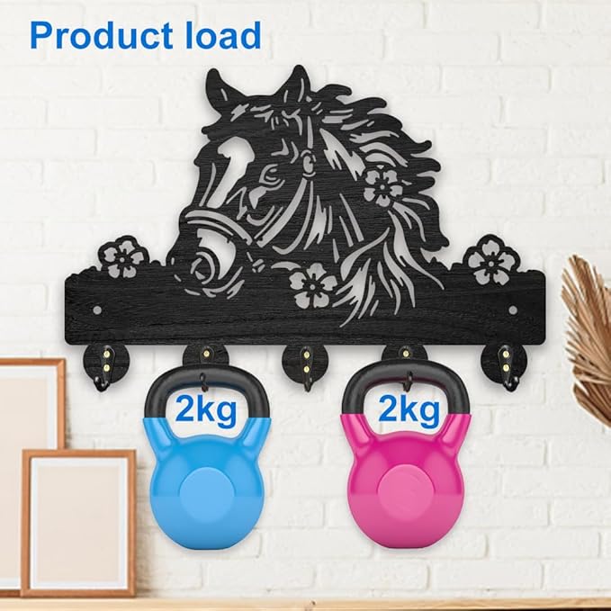 MAYJOYDIY Horse Flower Wood Key Holder for Wall 11.8x7.8inch Farm Animal Key Hooks Hat Organizer Rack with 5 Alloy Hooks for Entryway Front Door Kitchen Office Decor