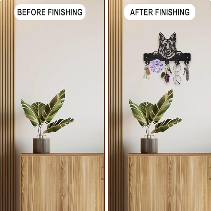 MAYJOYDIY German Shepherd Wood Key Holder for Wall 11.8x7.8inch Dog Animal Wall Mounted Key Hooks Coat Hanger Rack with 5 Alloy Hooks for Entryway Front Door Kitchen Office Decoration