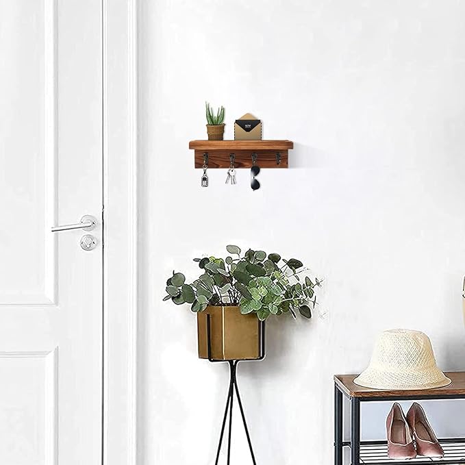 Rustic Key Holder for Wall, Farmhouse Wall Shelf with 4 Hooks, Wall Mounted Key Racks, Wooden Mail Organizer with Hooks for Entryway (Brown - Pine)