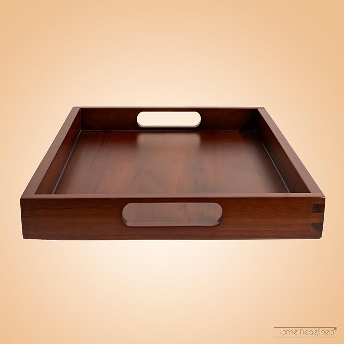Acacia Wood Serving Tray with Handles, 17.5x12 â Decorative Serving Trays Platter for Breakfast in Bed, Lunch, Dinner, Appetizers, Patio, Ottoman, Coffee Table, BBQ, Party âGreat for Lap & Couch