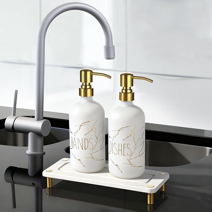 Kitchen Soap Dispenser Set, 16oz Hand and Dish Soap Dispenser Set with 2 Instant Dry Trays, Stainless Steel Pump, Refillable Glass Bottle for Kitchen and Bathroom Countertop (White)