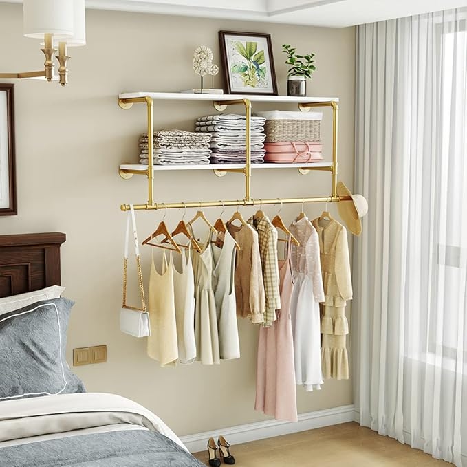 MAIKAILUN Industrial Pipe Clothes Rack Gold with Wood Shelf, 52" Long Wall Mounted Clothing Rack with Hanging Rod for Laundry Room, Heavy Duty Pipe Shelves, Closet Storage, Retail Boutique Display