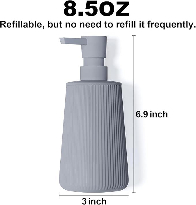 2 Pack Bathroom Soap Dispenser Set, Grey Dish Soap Dispenser for Kitchen, Small Plastic Hand Soap Dispensers 8.5 Oz, Liquid Soap Container Bottle with Pump, Matte Gray