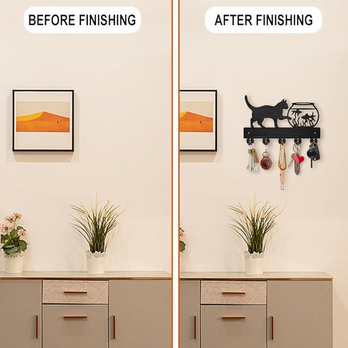 MAYJOYDIY Cat Fish Tank Coat Rack Wall Mount Wood Cat Pet Animal Key Holder for Wall 11.8×7.6inch Cat Goldfish Key Rack 5 Alloy Hooks Wall Hanger Decorative Key Holder for Gift Home Entryway Art Decor