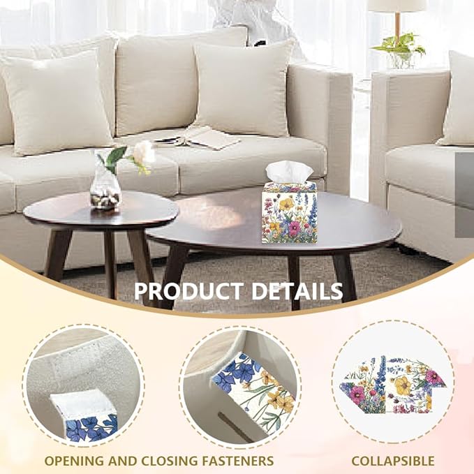 Wild Flowers Tissue Box Holder, Vintage Floral Square Tissue Box Cover Foldable Tissue Storage Box Waterproof Paper Towel Case Container Organizer Tissue Box Holder for Bedroom Office Car