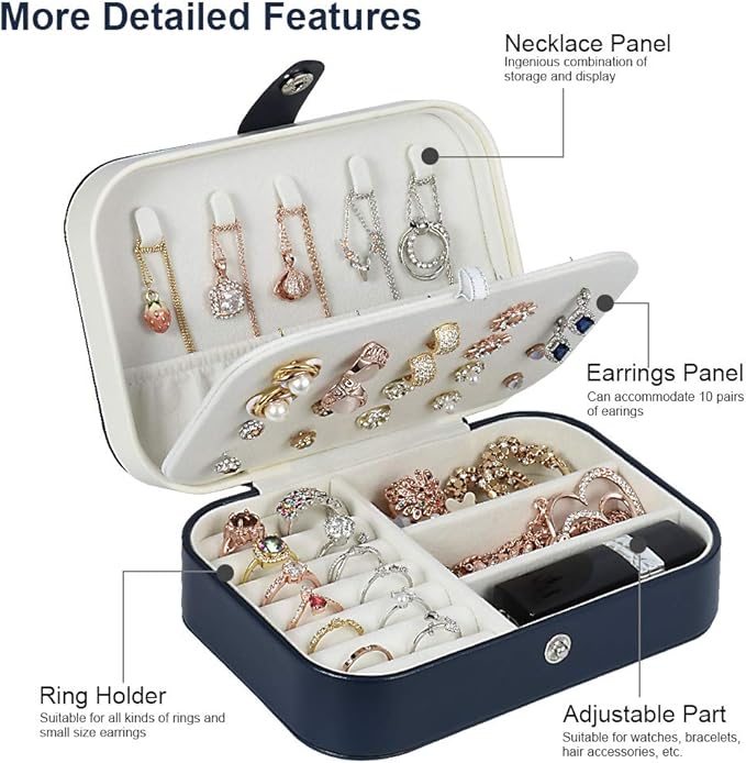 jiemei Jewelry Box, Travel Jewelry Organizer Cases with Doubel Layer for Women’s Necklace Earrings Rings and Travel Accessories (Dark Blue)