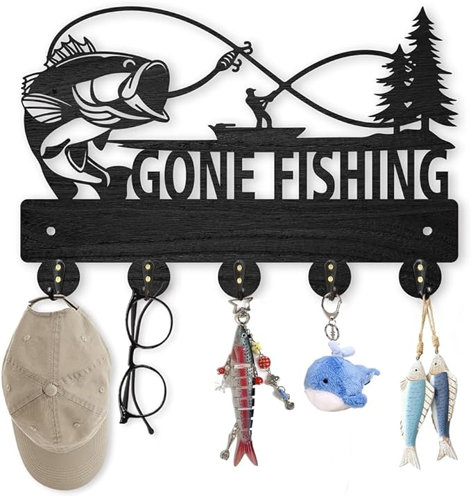 MAYJOYDIY Wood Fish Coat Rack, 5 Alloy Hooks, Wall Mounted, 11.8x8inch, Fishing Theme, Art Deco Style, Hallway Entryway Kitchen Gift