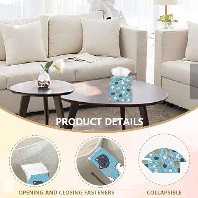 Cat Face Tissue Box Holder, Square Tissue Box Cover Foldable Tissue Storage Box Waterproof Paper Towel Case Container Organizer Cute Tissue Box Holder for Bedroom Office Bathroom Car