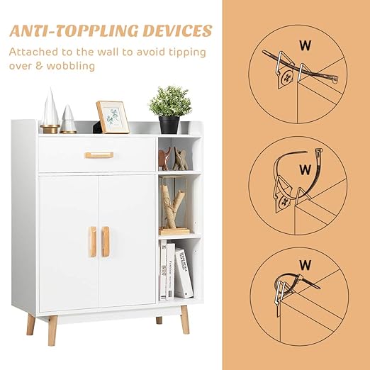 Giantex Floor Storage Cabinet, Freestanding Cupboard with 1 Drawer, 2 Doors, 3 Shelves, 4 Rubber Wood Legs, Sideboard, Entryway Unit for Home Office, Living Room, Storage Organizer (White)