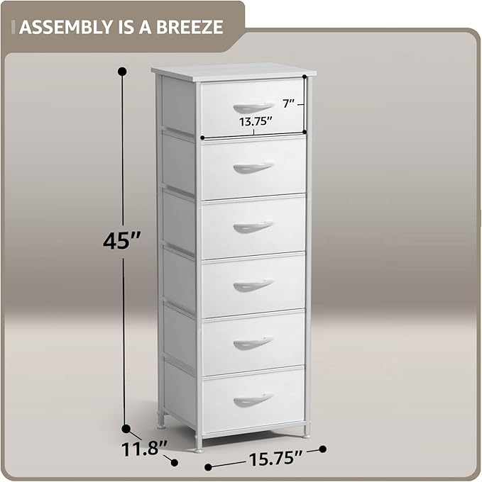 Sorbus Fabric Dresser for Kids Bedroom - Chest of 6 Drawers, Tall Storage Tower, Clothing Organizer, for Closet, for Playroom, for Nursery, Steel Frame, Fabric Bins - Wood Handle (White)