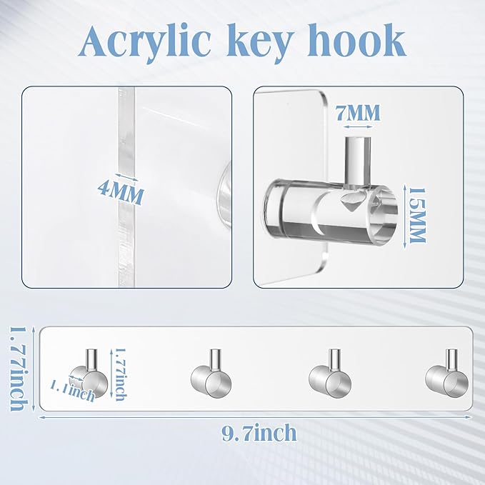 1 Pcs Adhesive Key Holder for Wall Acrylic Key Holder with 4 Hooks for Entryway, Door, Bathroom, Kitchen, Hang Keys, Hats, Dog Leashes, and Accessories (Transparent)