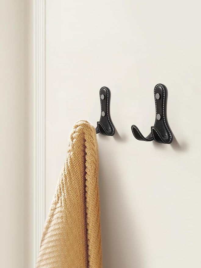 2 Pack Black Leather Coat 2 Hooks Wall for Hanging Round Coat Hooks for Hanging Robe Towels Bags Hats Scarf Keys Clothes Suitable for Bedroom, Entryway and Closet
