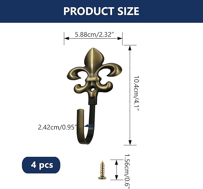 Wall Hooks, 4 Pack Decorative French Fleur De Lis Metal Hooks for Coat, Towel, Curtain Tie Back, Robe, Bag, Heavy Duty Gold Bronze Finish for Bathroom, Bedroom, Entryway(Bronze)