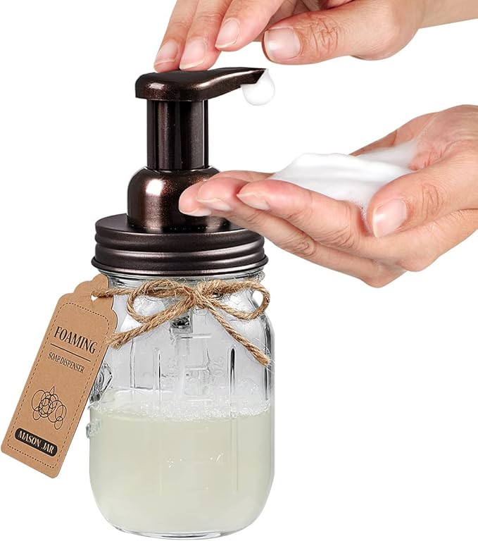 Amolliar Mason Jar Bathroom Accessories Set(4 Pack) - Foaming Soap Dispenser&Qtip Holder Set&Toothbrush Holder-Rustic Farmhouse Decor Bathroom Organizer Apothecary Jar Country Countertop (Bronze)