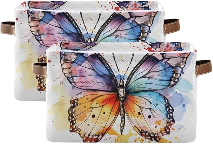 Storage Basket Watercolor Colored Butterfly Durable Canvas Collapsible Toy Box Organizer Bin with Handles for Shelf Closet Bedroom Home Office